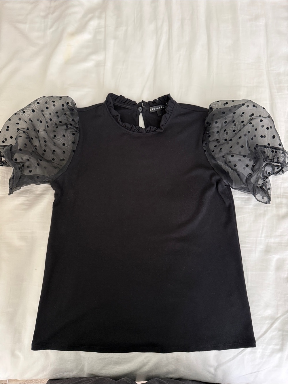 Gibson Black Puff Sleeve Polka Dot Top